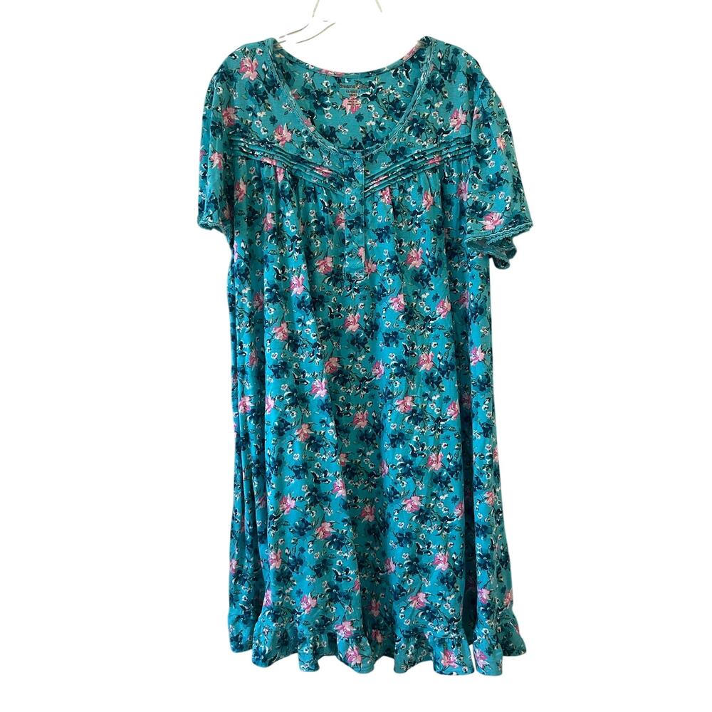 Dreams & Co 3X Turquoise Floral Cotton Nightgown Sleep House Dress 30/32 Cottage